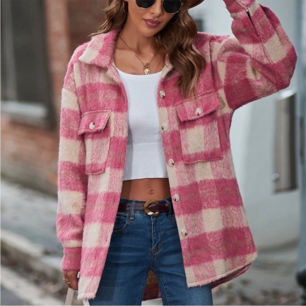 Pink Buffalo Plaid Fuzzy Shacket - Picture 3 of 4